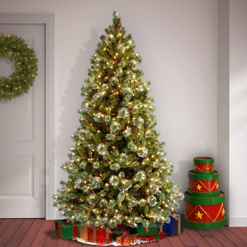 Trees | National Tree Company Pre-Lit Artificial Christmas Tree Wintry Pine Green White Lights Decorated with Pine Cones Berry Clusters Includes Stand 75 Feet F2L4F123